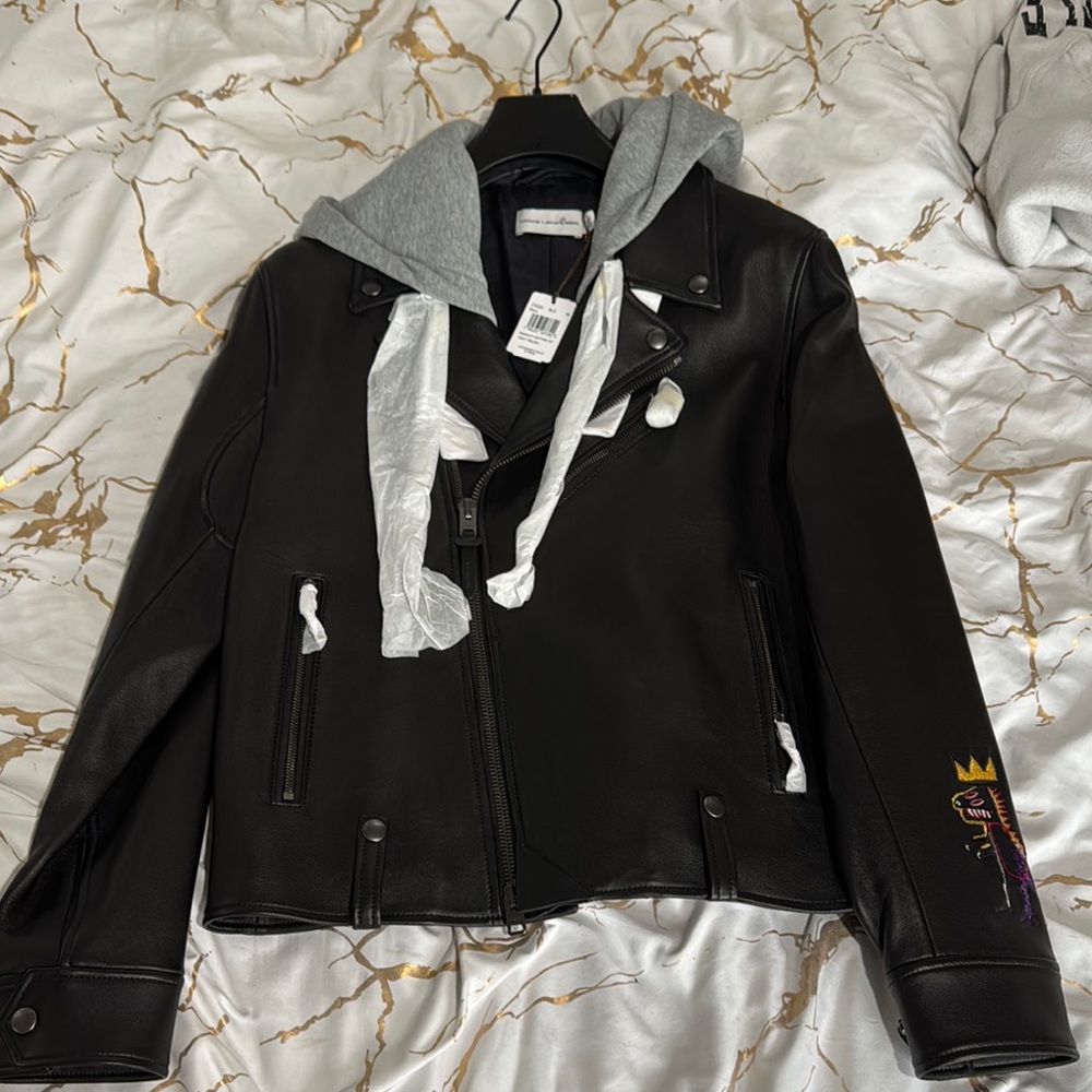 Black Coach Leather Jacket with Gray Hood never worn